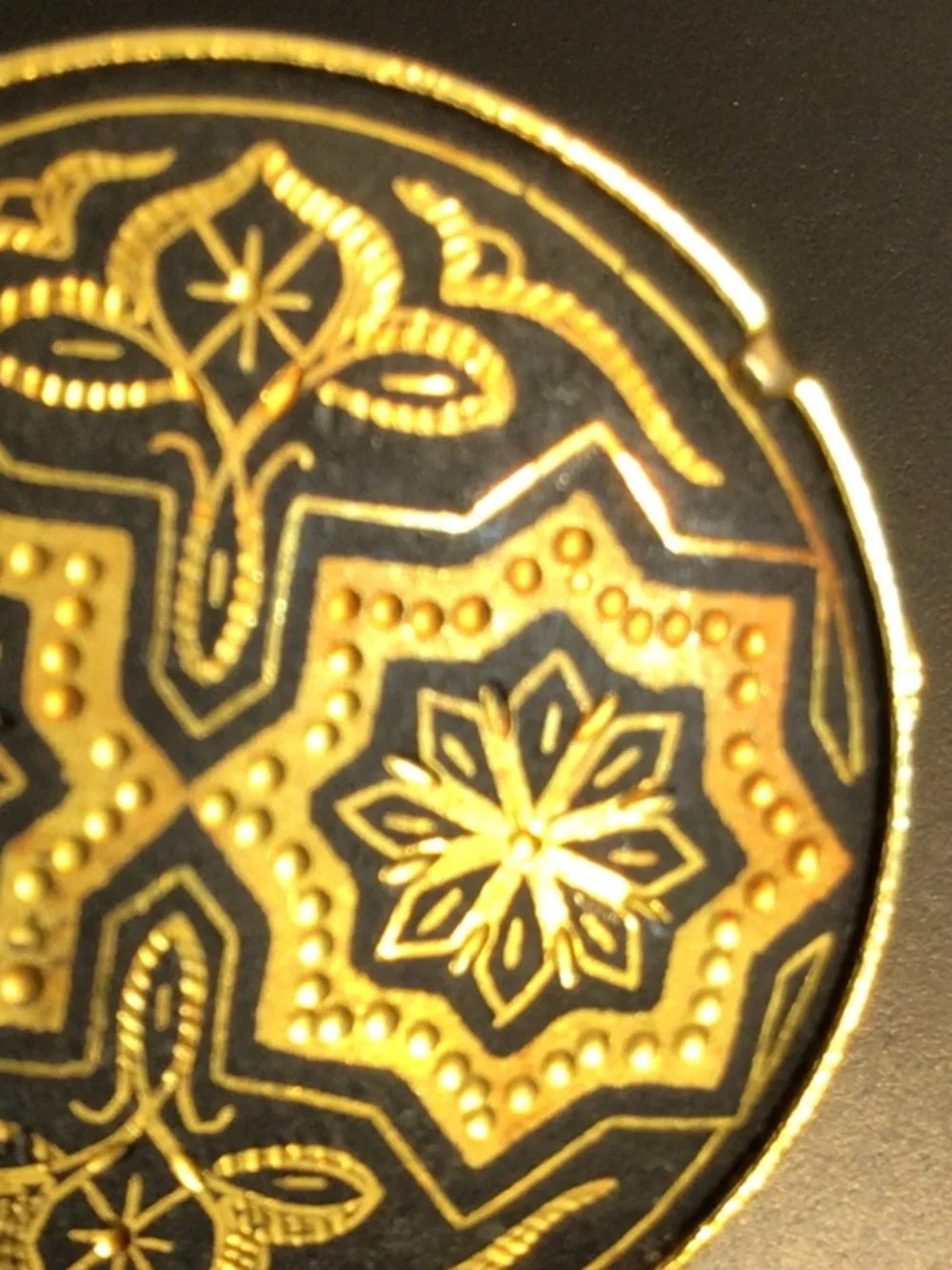 Vintage Mid Century Damascene Gold Tone Brooch Arabesque Design Trombone Clasp
